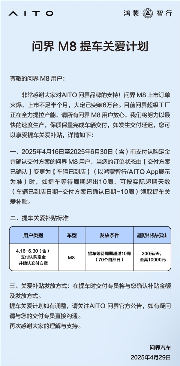 晚提有福利 问界M8提车关爱计划发布：最高可得1万元！